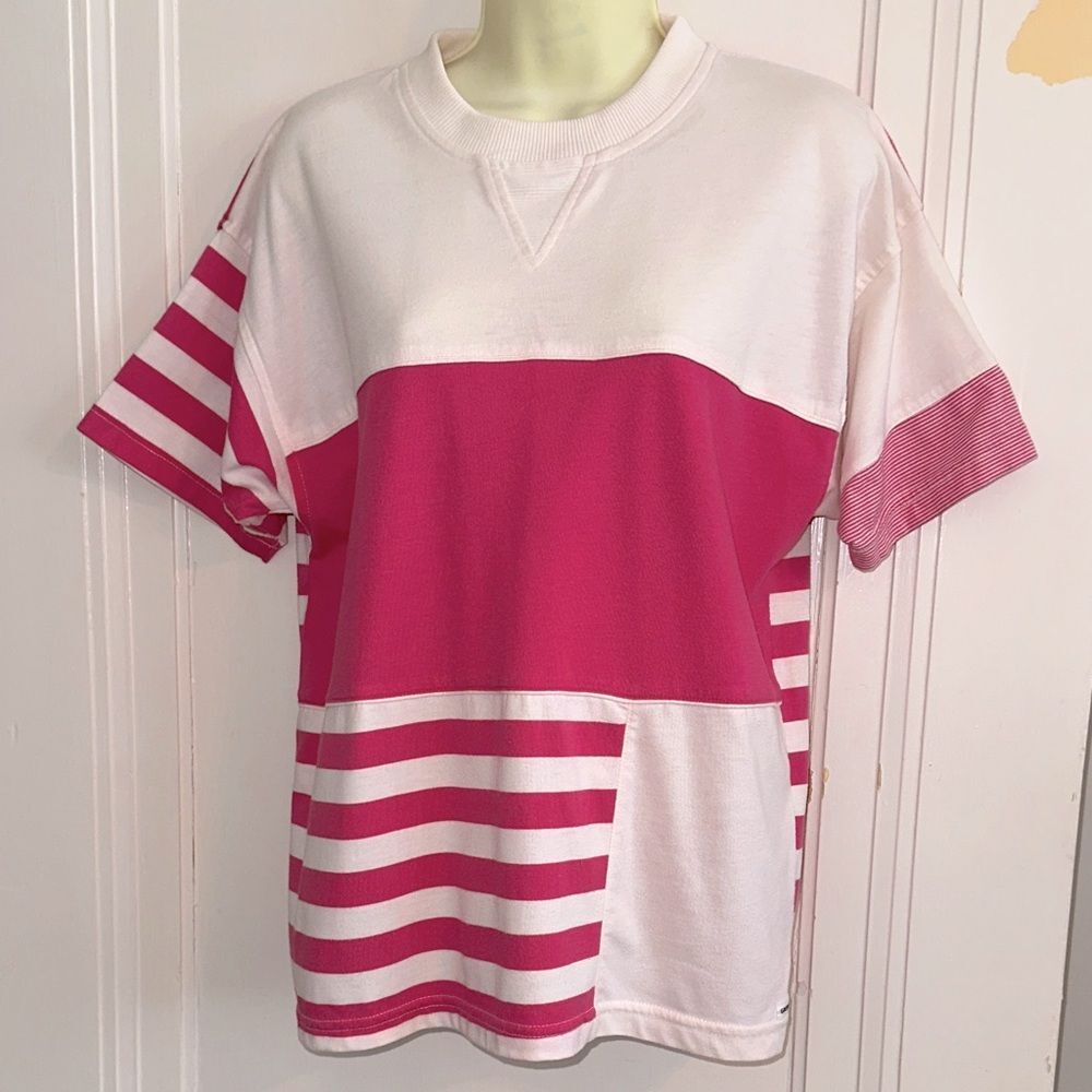 Vtg 80s Greenline Sport Bright Pink & White Striped Crew Neck Short Sleeve Shirt